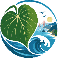 Pacific Kava emblem — kava leaf, wave and California coast